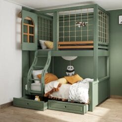 Giường Tầng Trẻ Em Sơn 2K Màu Xanh Rêu Khách Tự Chọn - Xưởng Gỗ TTP - GTS2K001