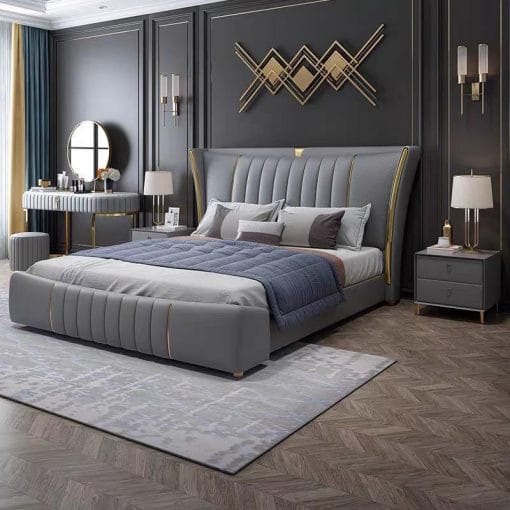 Giường Bọc Da GBD003 là kiệt tác của phong cách Art Deco Luxury, kết hợp hoàn hảo giữa họa tiết kẻ dọc channel tufted tinh tế và viền vàng gold chạy dọc tạo điểm nhấn ấn tượng.