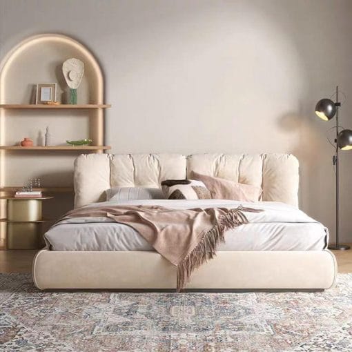 Giường Cloud màu xanh sage với gối đệm 9 múi trong phòng cozy