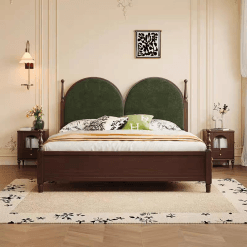 Giường Gỗ Tân Cổ Điển Đầu 2 Múi Tròn Bọc Nhung - GGT007